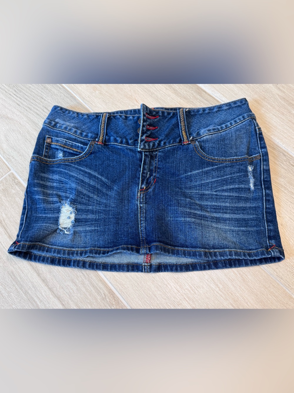 American Rag Dark Blue Denim Skirt with Red Stitching